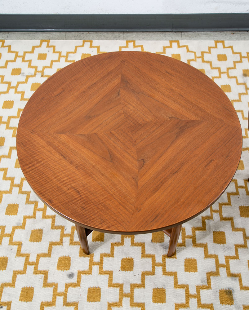 Mid Century Modern Side Table Set End Round Drexel Parallel 2 Walnut Nightstands - Image 10