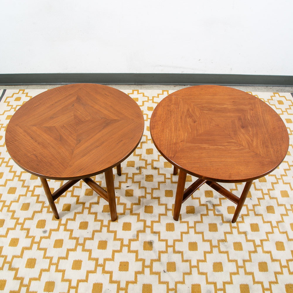 Mid Century Modern Side Table Set End Round Drexel Parallel 2 Walnut Nightstands - Image 4