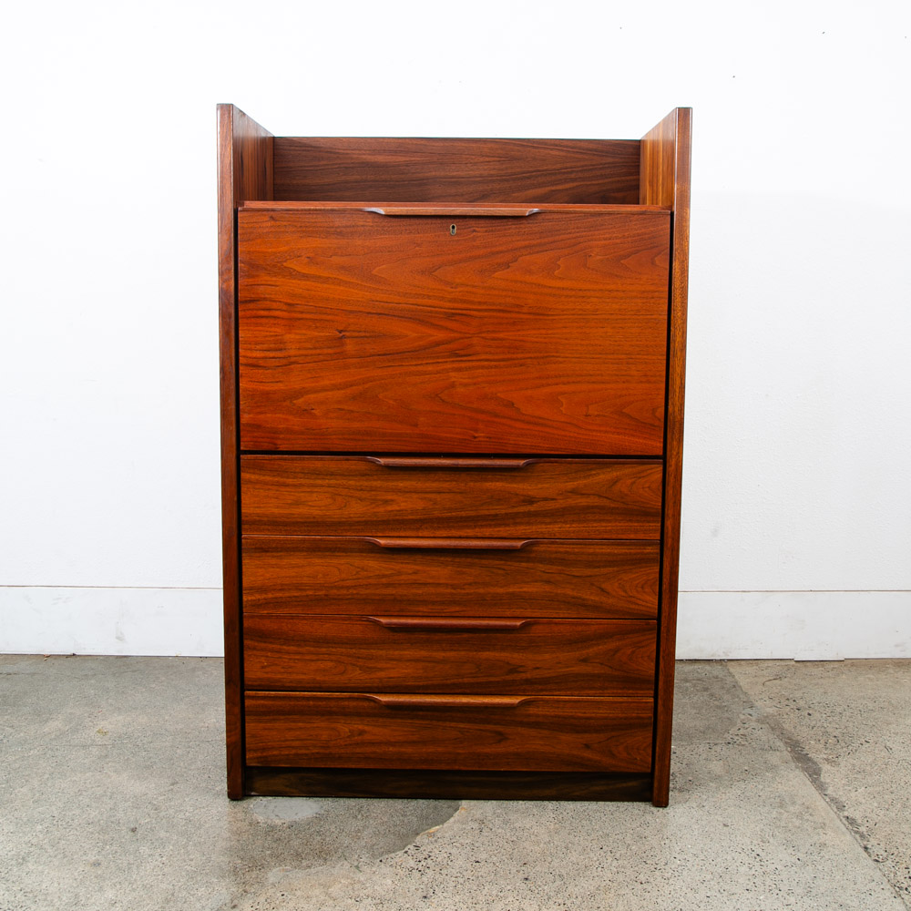 Mid Century Modern Secretary Desk Chest Barzilay Walnut Wood 4 Drawer Vintage - Image 2