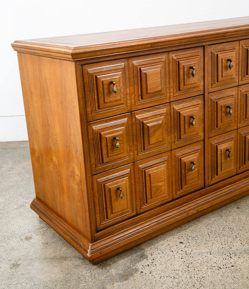Mid Century Modern Credenza Server Buffet Stanley Oak 9 Drawers Cabinet 1970s - Image 8