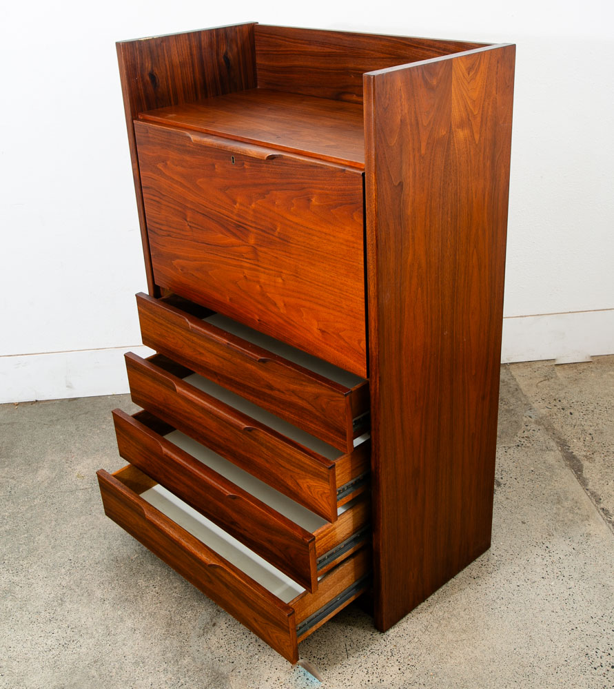 Mid Century Modern Secretary Desk Chest Barzilay Walnut Wood 4 Drawer Vintage - Image 9