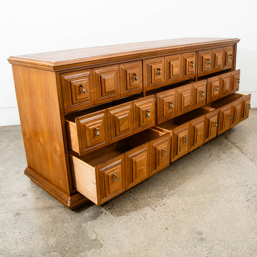 Mid Century Modern Credenza Server Buffet Stanley Oak 9 Drawers Cabinet 1970s - Image 3