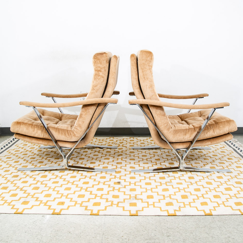 Mid Century Danish Modern Lounge Chairs Set Tufted Metal Ottoman Pair Tan Arm 2 - Image 3