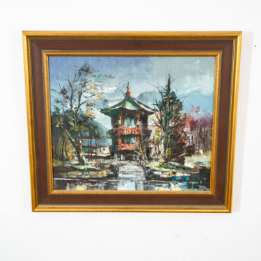 Mid Century Modern Oil Painting Original Art Landscape Tower Home Signed Asian