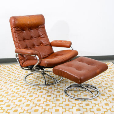 Mid Century Modern Lounge Chair Red Leather Ekornes Recliner Norway Chrome Base