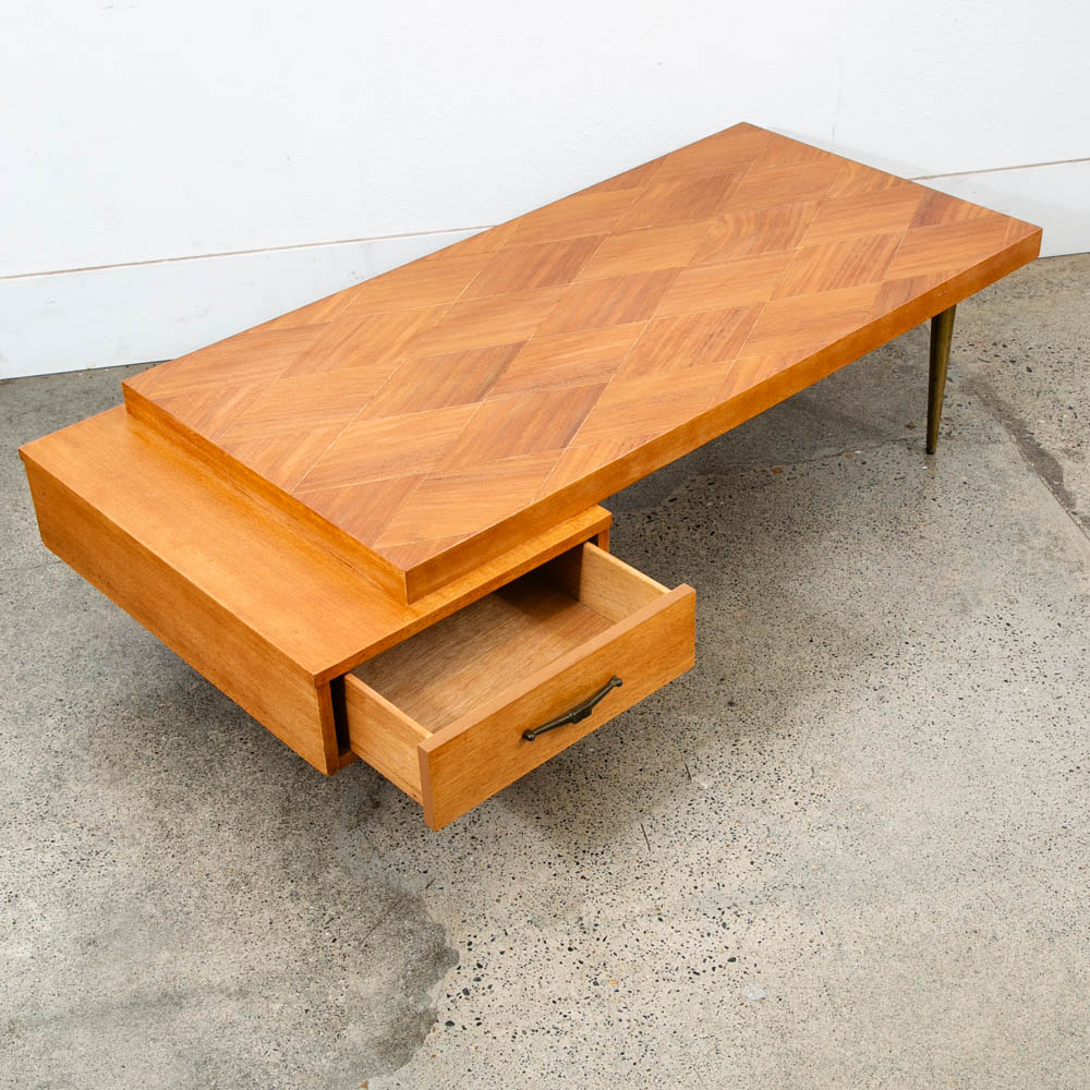 Mid Century Modern Coffee Table Mahogany Drawer Blonde Wood Mansion House Mcm - Image 6