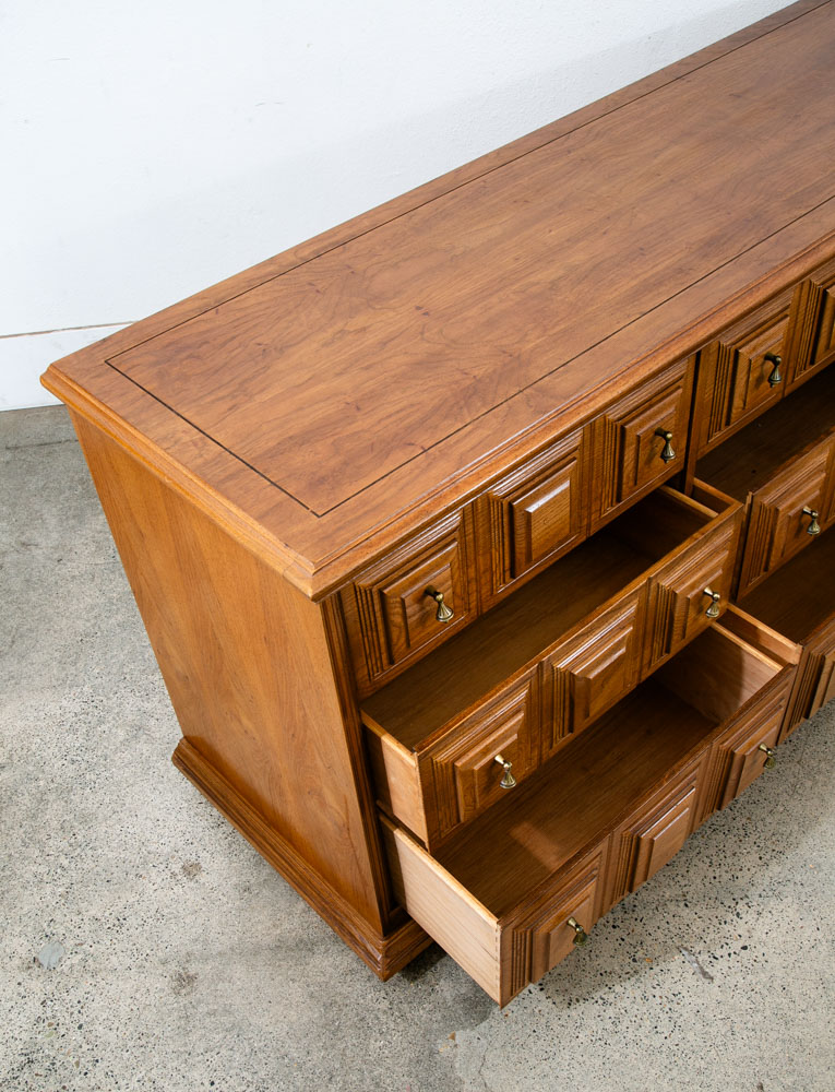 Mid Century Modern Credenza Server Buffet Stanley Oak 9 Drawers Cabinet 1970s - Image 6