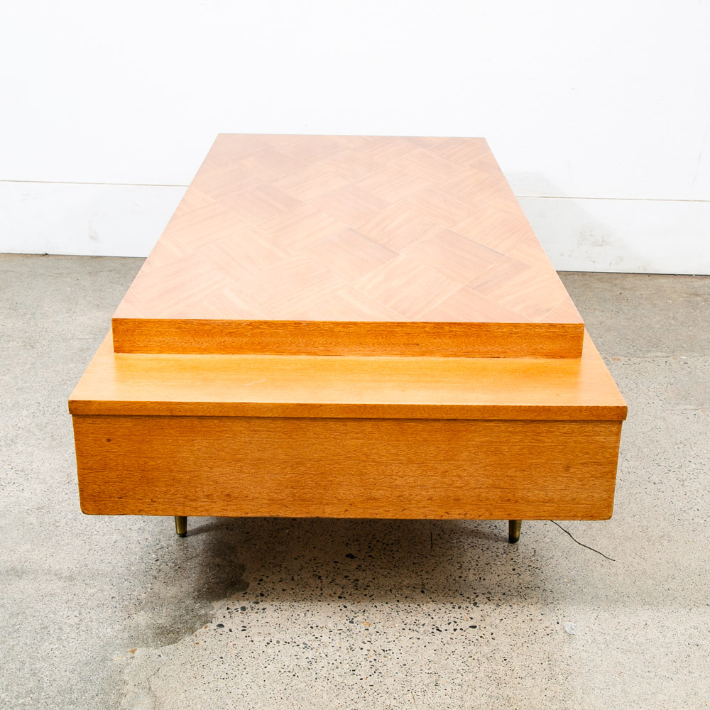 Mid Century Modern Coffee Table Mahogany Drawer Blonde Wood Mansion House Mcm - Image 3