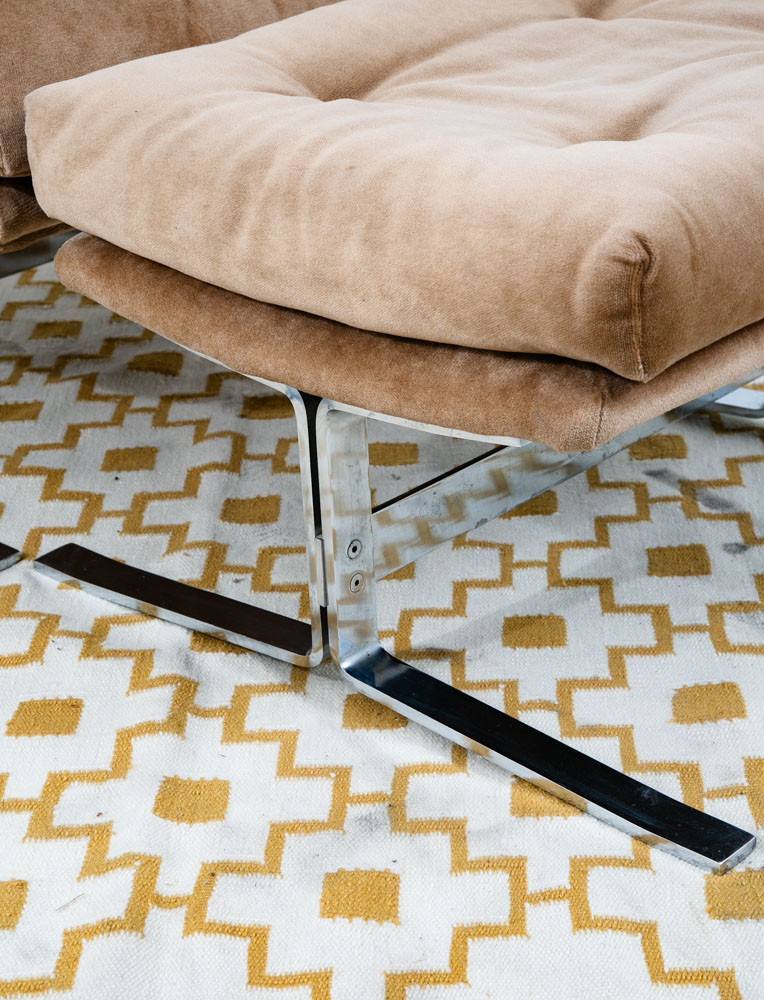 Mid Century Danish Modern Lounge Chairs Set Tufted Metal Ottoman Pair Tan Arm 2 - Image 11