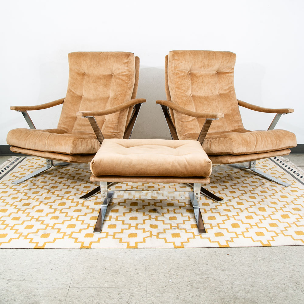 Mid Century Danish Modern Lounge Chairs Set Tufted Metal Ottoman Pair Tan Arm 2