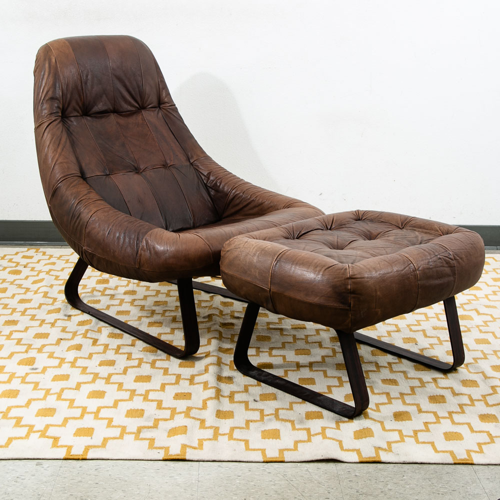 Mid Century Modern Lounge Chair Percival Lafer Earth MP163 Ottoman Brown Leather