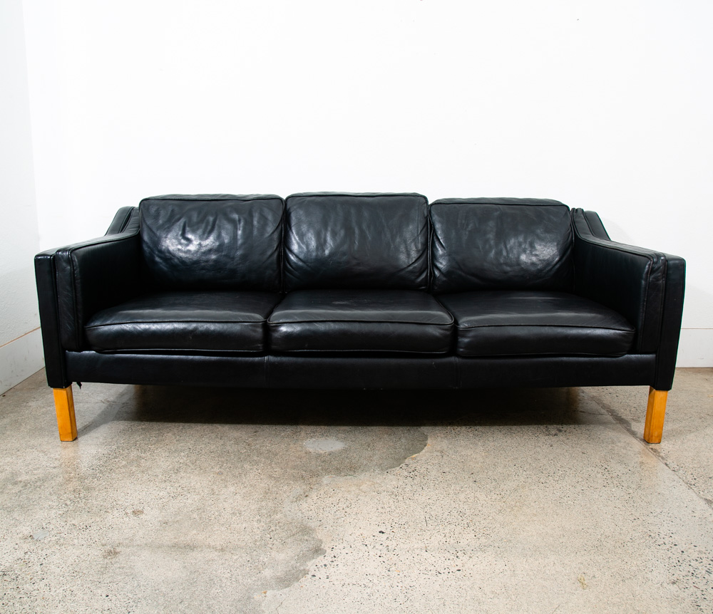 Mid Century Danish Modern Sofa Couch 3 Seater Leather Black Vintage Denmark Mcm - Image 2