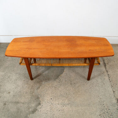 Mid Century Danish Modern Coffee Table Denmark Stamped Teak Cane Wrapped Shelf