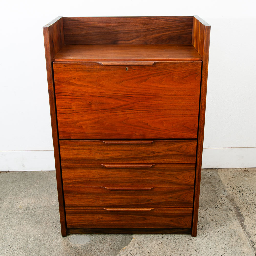 Mid Century Modern Secretary Desk Chest Barzilay Walnut Wood 4 Drawer Vintage - Image 4