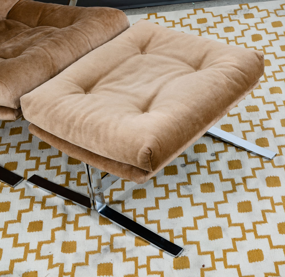 Mid Century Danish Modern Lounge Chairs Set Tufted Metal Ottoman Pair Tan Arm 2 - Image 8