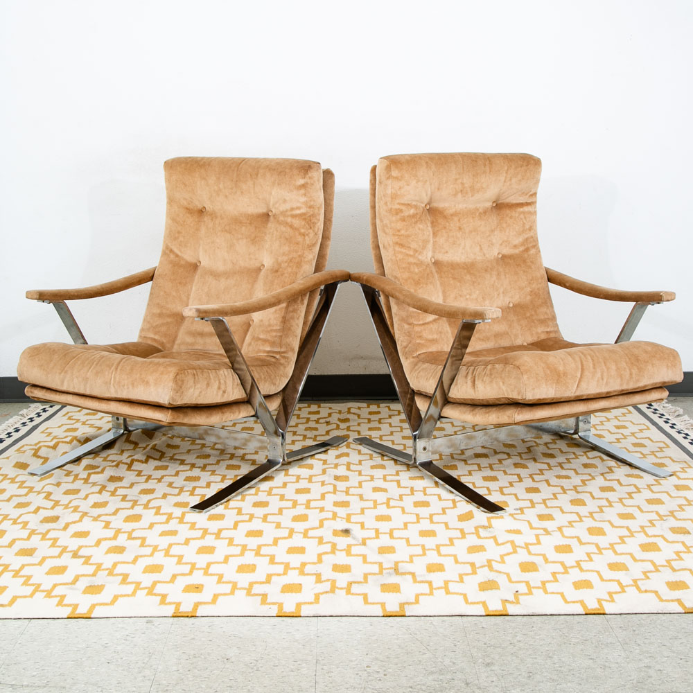 Mid Century Danish Modern Lounge Chairs Set Tufted Metal Ottoman Pair Tan Arm 2 - Image 2