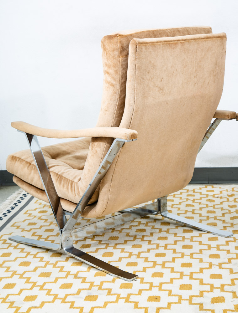 Mid Century Danish Modern Lounge Chairs Set Tufted Metal Ottoman Pair Tan Arm 2 - Image 7