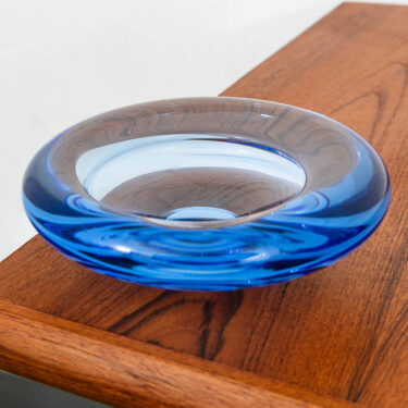 Mid Century Modern Art Glass Bowl Dish Blue Holmegaard Per Lutken Danish Signed