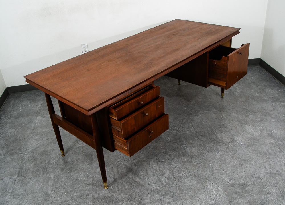 Mid Century Modern Desk Office Executive Walnut Cane Back 4 Drawers File Mcm 60s - Image 10