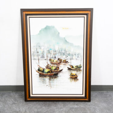 Mid Century Modern Original Art Boat Sailboat White Green Oil Canvas Signed NM