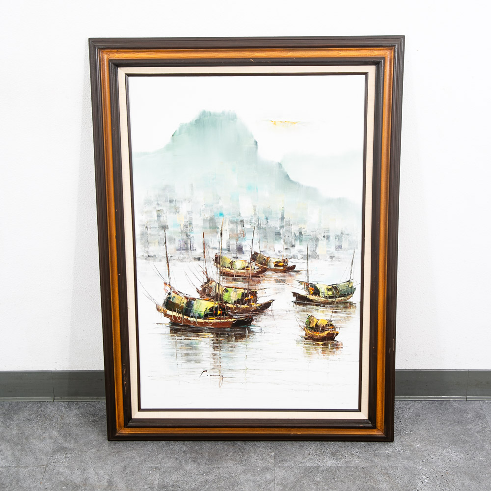 Mid Century Modern Original Art Boat Sailboat White Green Oil Canvas Signed NM