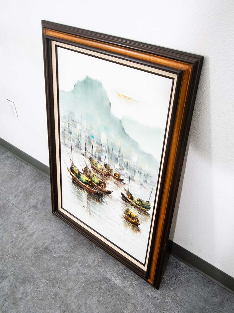 Mid Century Modern Original Art Boat Sailboat White Green Oil Canvas Signed NM - Image 4