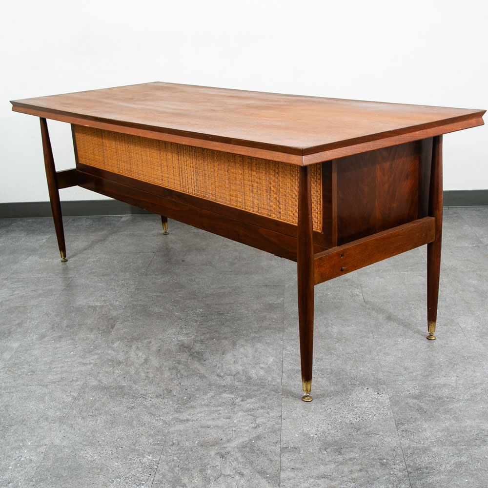 Mid Century Modern Desk Office Executive Walnut Cane Back 4 Drawers File Mcm 60s - Image 3