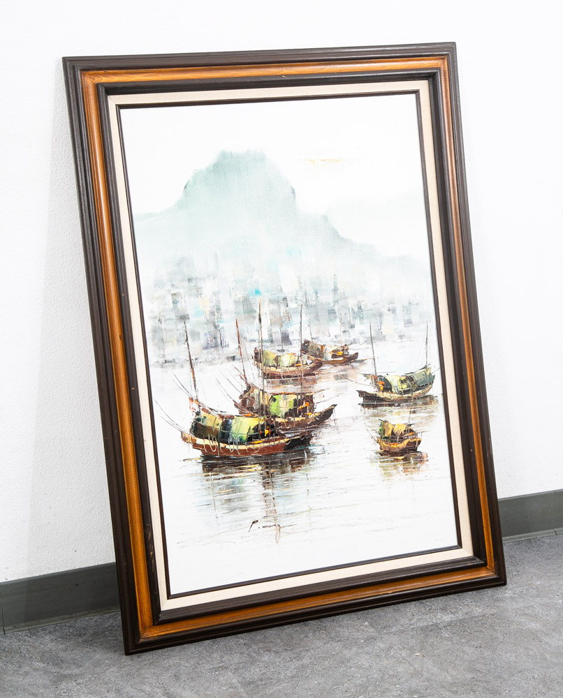 Mid Century Modern Original Art Boat Sailboat White Green Oil Canvas Signed NM - Image 8