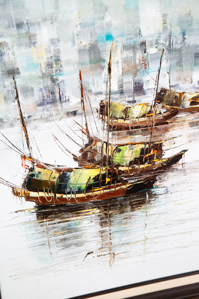 Mid Century Modern Original Art Boat Sailboat White Green Oil Canvas Signed NM - Image 10