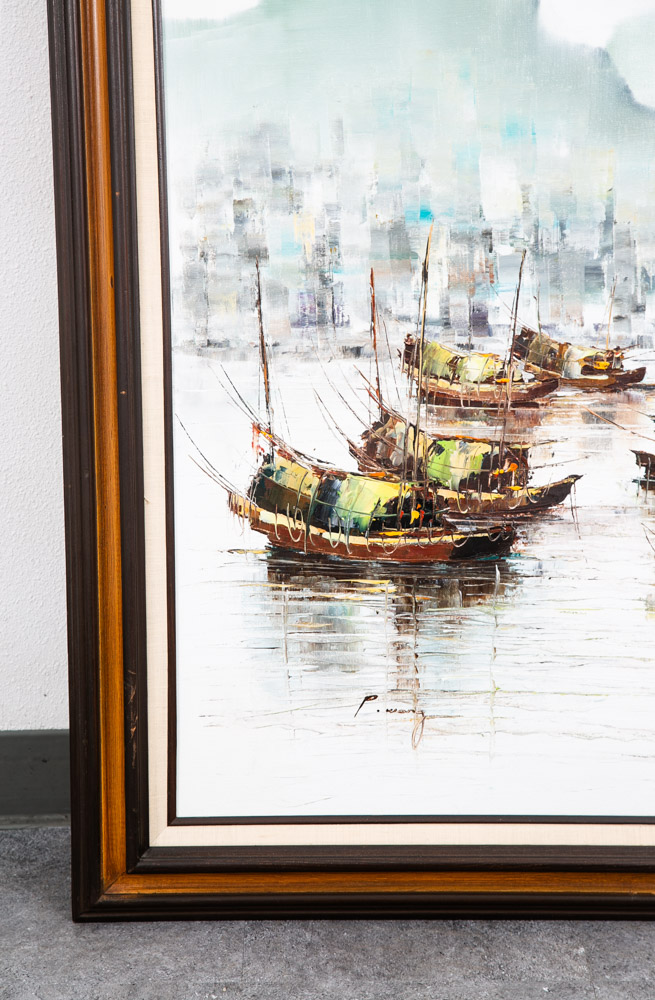 Mid Century Modern Original Art Boat Sailboat White Green Oil Canvas Signed NM - Image 6