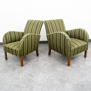 Mid Century Danish Modern Lounge Chairs Pair Set Stripes Green Club Vintage Mcm