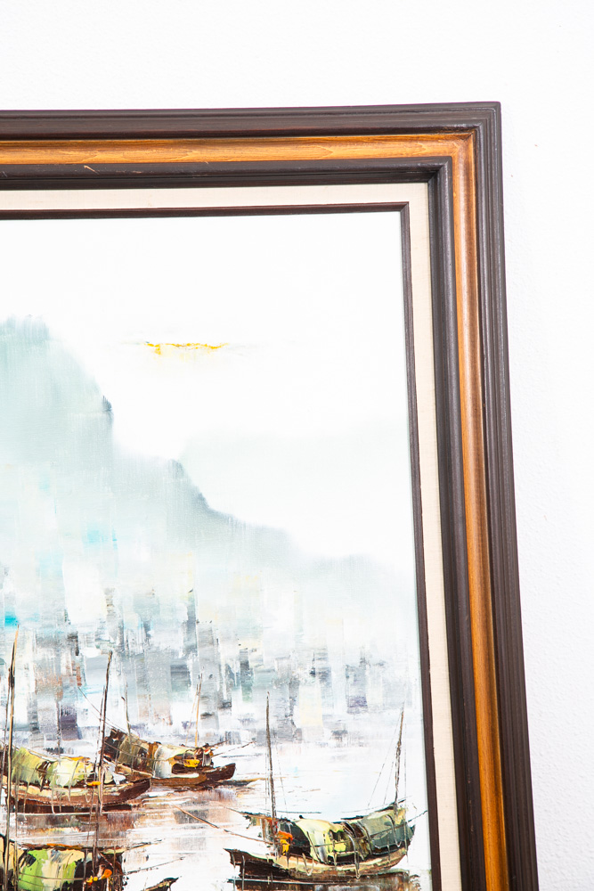 Mid Century Modern Original Art Boat Sailboat White Green Oil Canvas Signed NM - Image 11