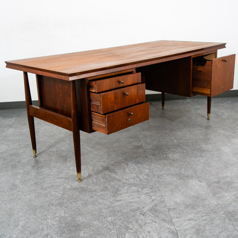 Mid Century Modern Desk Office Executive Walnut Cane Back 4 Drawers File Mcm 60s - Image 7