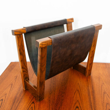 Mid Century Modern Magazine Rack Brown Leather Sling Solid Oak Wood Mcm