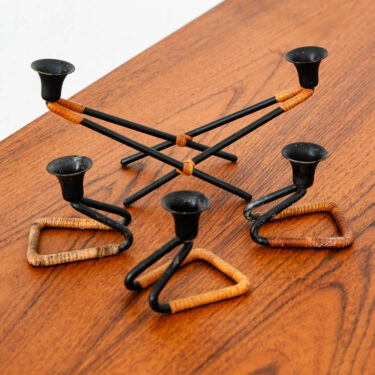 Mid Century Modern Cane Wrapped Candleholder Set Black Metal Candelabra Danish
