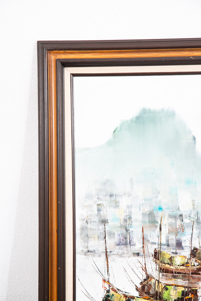 Mid Century Modern Original Art Boat Sailboat White Green Oil Canvas Signed NM - Image 7