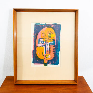 Mid Century Modern Art Print Figure Abstract Portrait Sign Signed Blue Pink Mcm