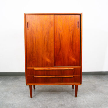 Mid Century Danish Cabinet Highboy Solid Teak Denmark Drawer Sliding Doors Shelf