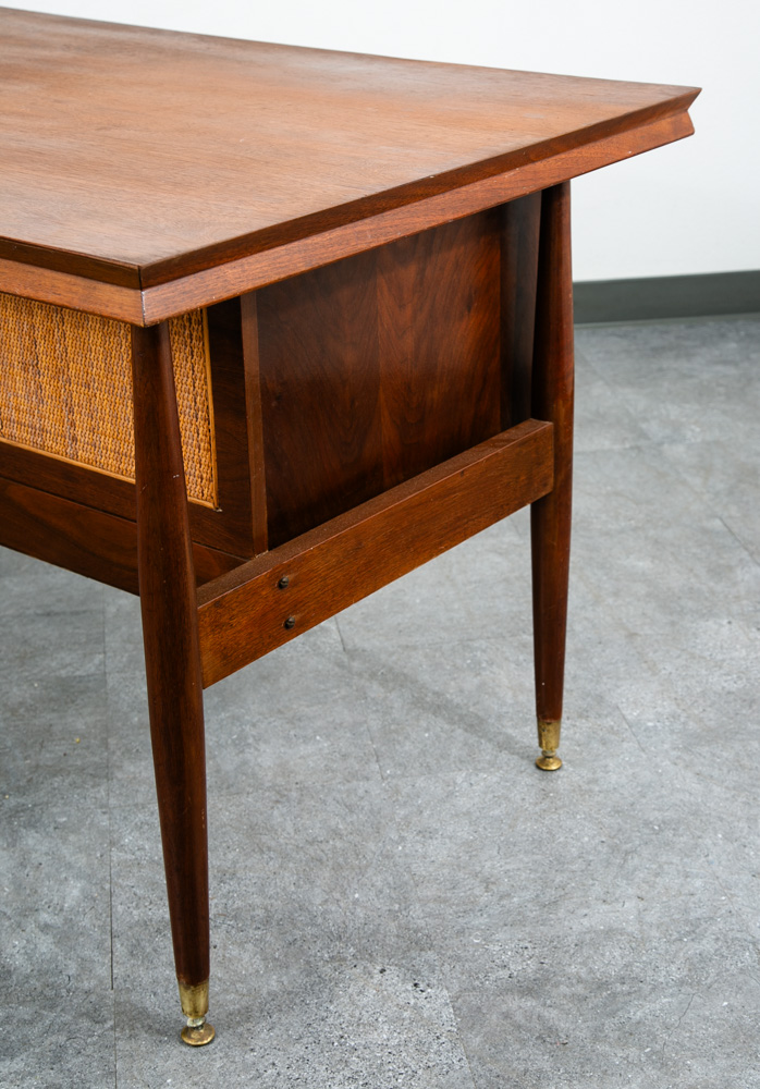 Mid Century Modern Desk Office Executive Walnut Cane Back 4 Drawers File Mcm 60s - Image 11