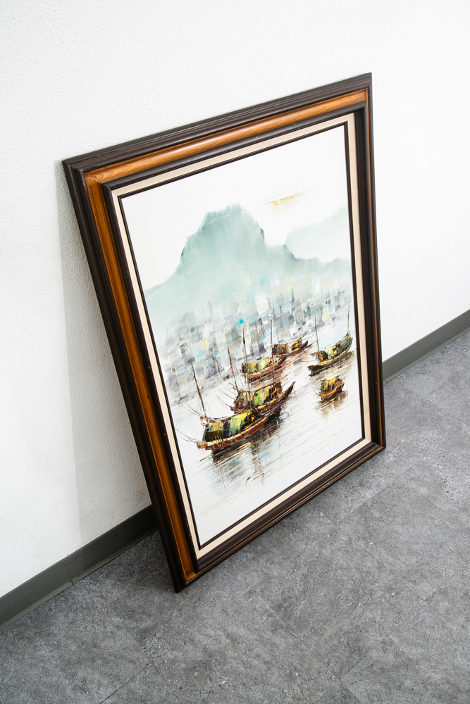 Mid Century Modern Original Art Boat Sailboat White Green Oil Canvas Signed NM - Image 5