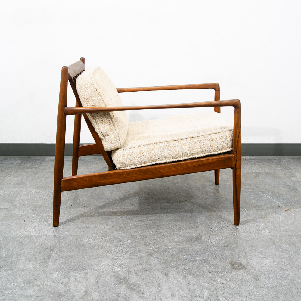 Mid Century Danish Modern Lounge Chair Walnut Wool Fabric Armchair Vintage White - Image 2
