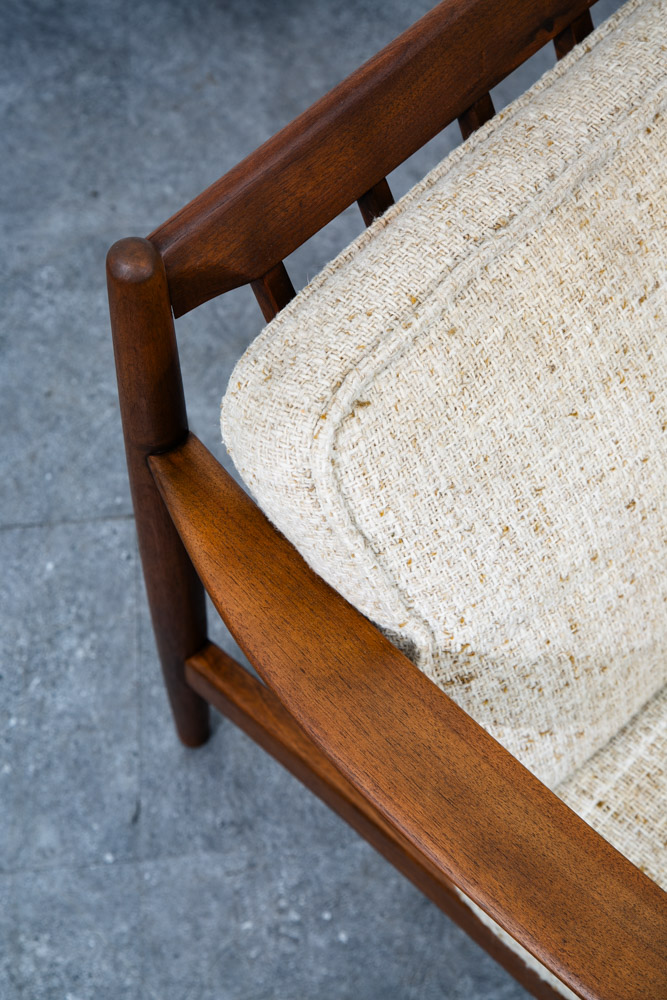 Mid Century Danish Modern Lounge Chair Walnut Wool Fabric Armchair Vintage White - Image 7
