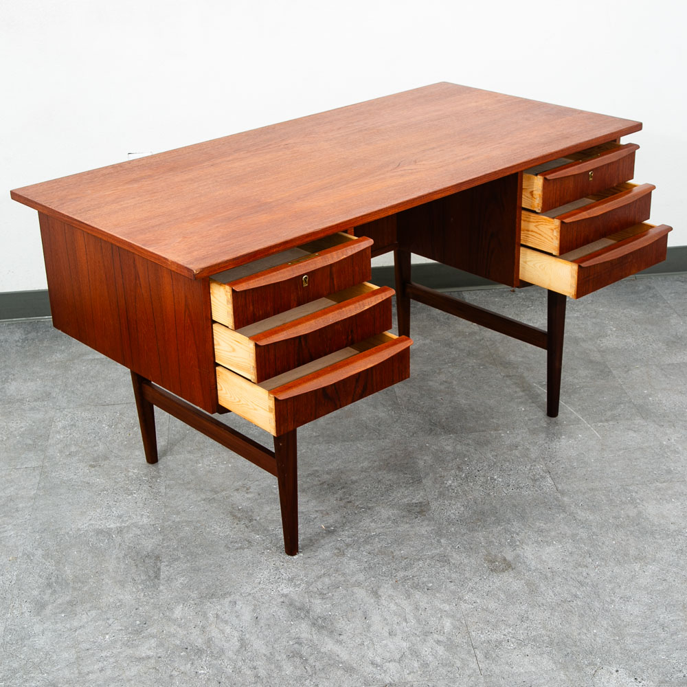 Mid Century Danish Modern Desk Executive Teak 6 Drawer Bookshelf Floating Shelf - Image 6