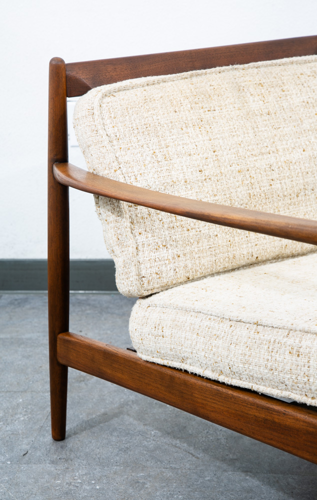Mid Century Danish Modern Lounge Chair Walnut Wool Fabric Armchair Vintage White - Image 8