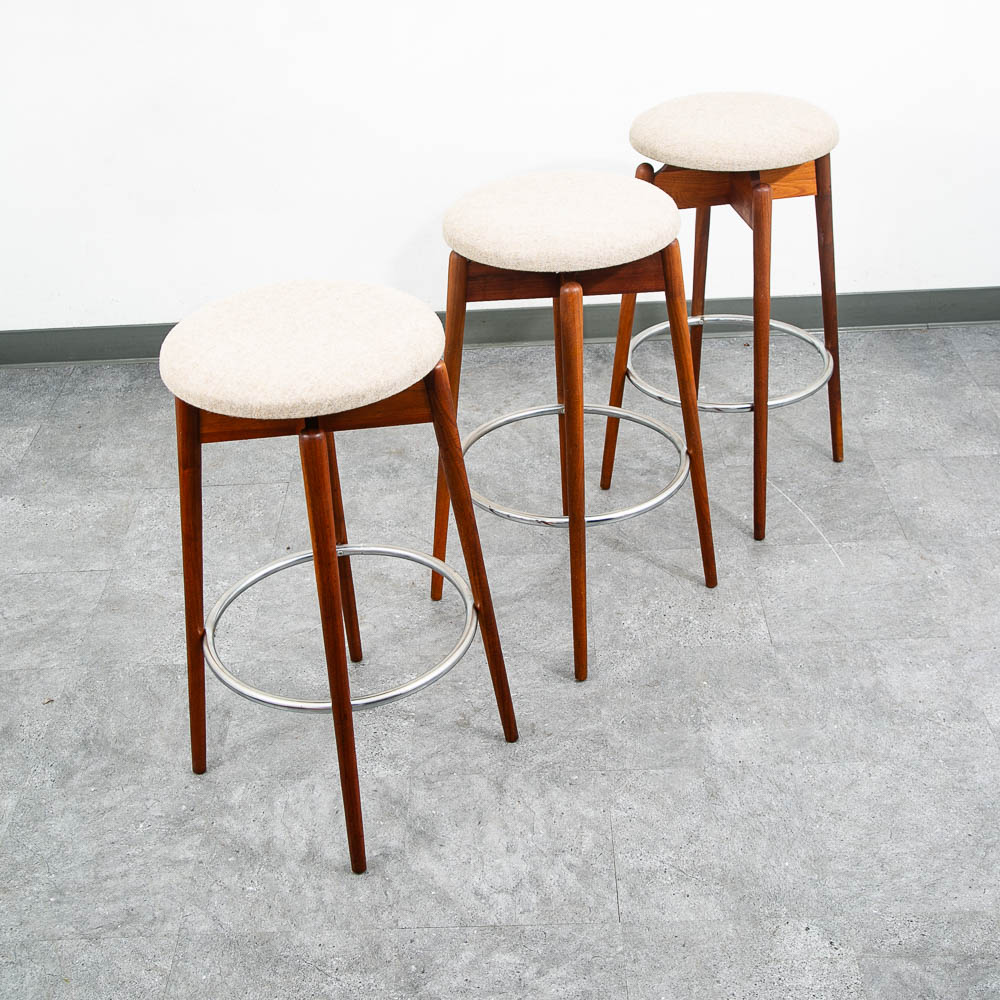 Mid Century Modern Bar Stools Set 3 Albert Parvin Off White Solid Walnut Danish