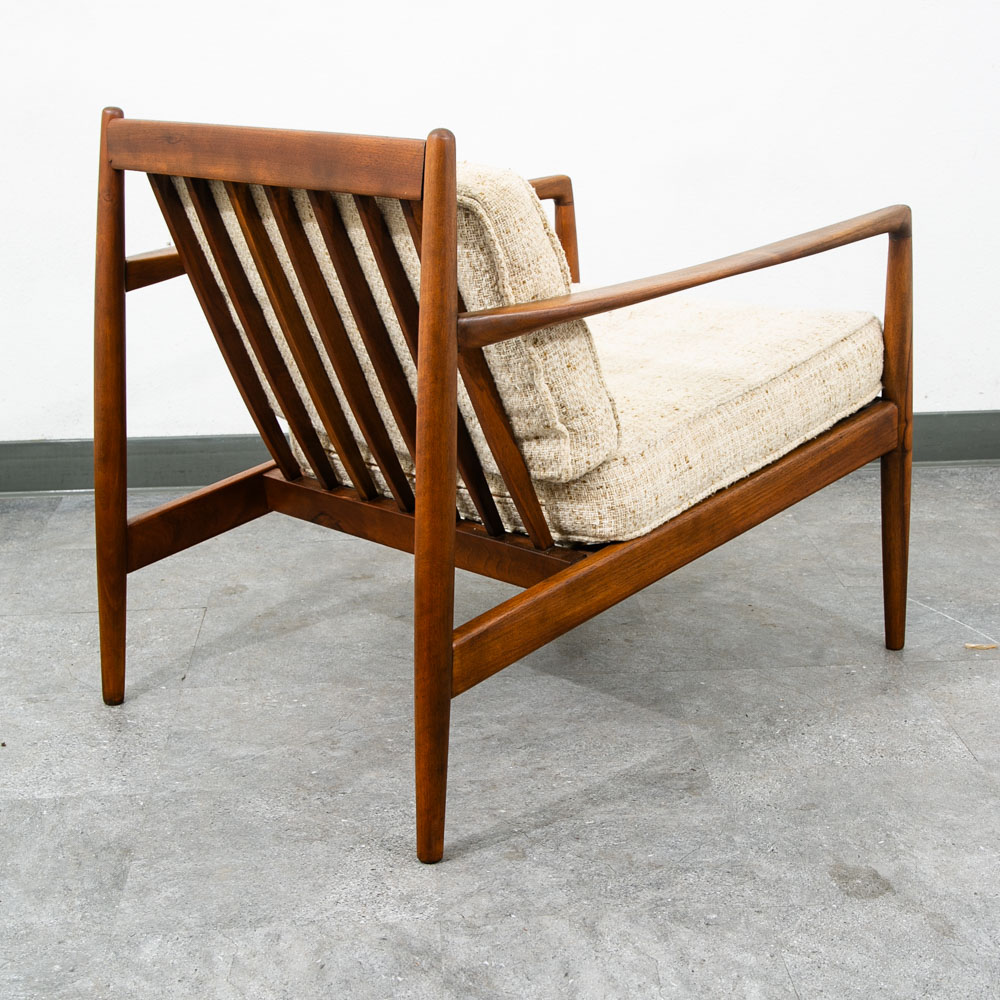 Mid Century Danish Modern Lounge Chair Walnut Wool Fabric Armchair Vintage White - Image 3