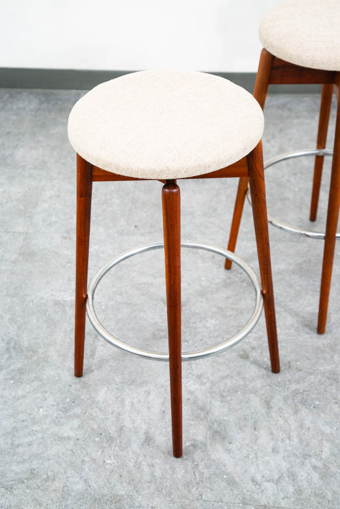 Mid Century Modern Bar Stools Set 3 Albert Parvin Off White Solid Walnut Danish - Image 7