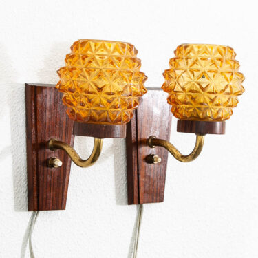 Mid Century Modern Wall Sconces Hanging Lamps Set Pair Rosewood Amber Glass Set