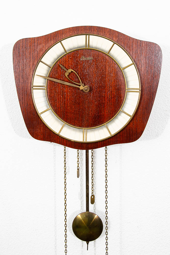 Mid Century Modern Wall Clock Teak Pendulum Weights 10 Jewel Denmark Chime - Image 2