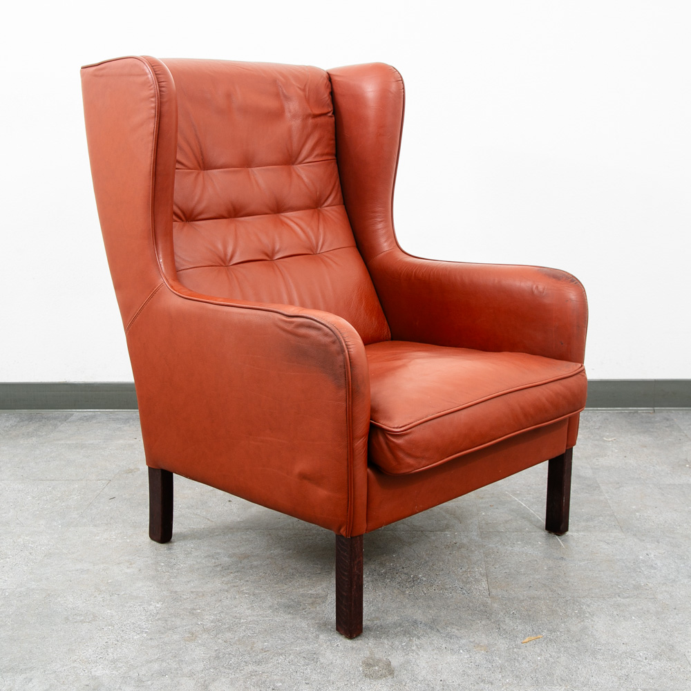 Mid Century Danish Modern Lounge Chair Wingback Red Leather High Back Tufted Mcm